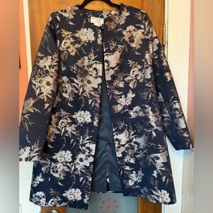 Helene Berman London Collarless Navy Floral Gold Metallic Accents Open Jacket M